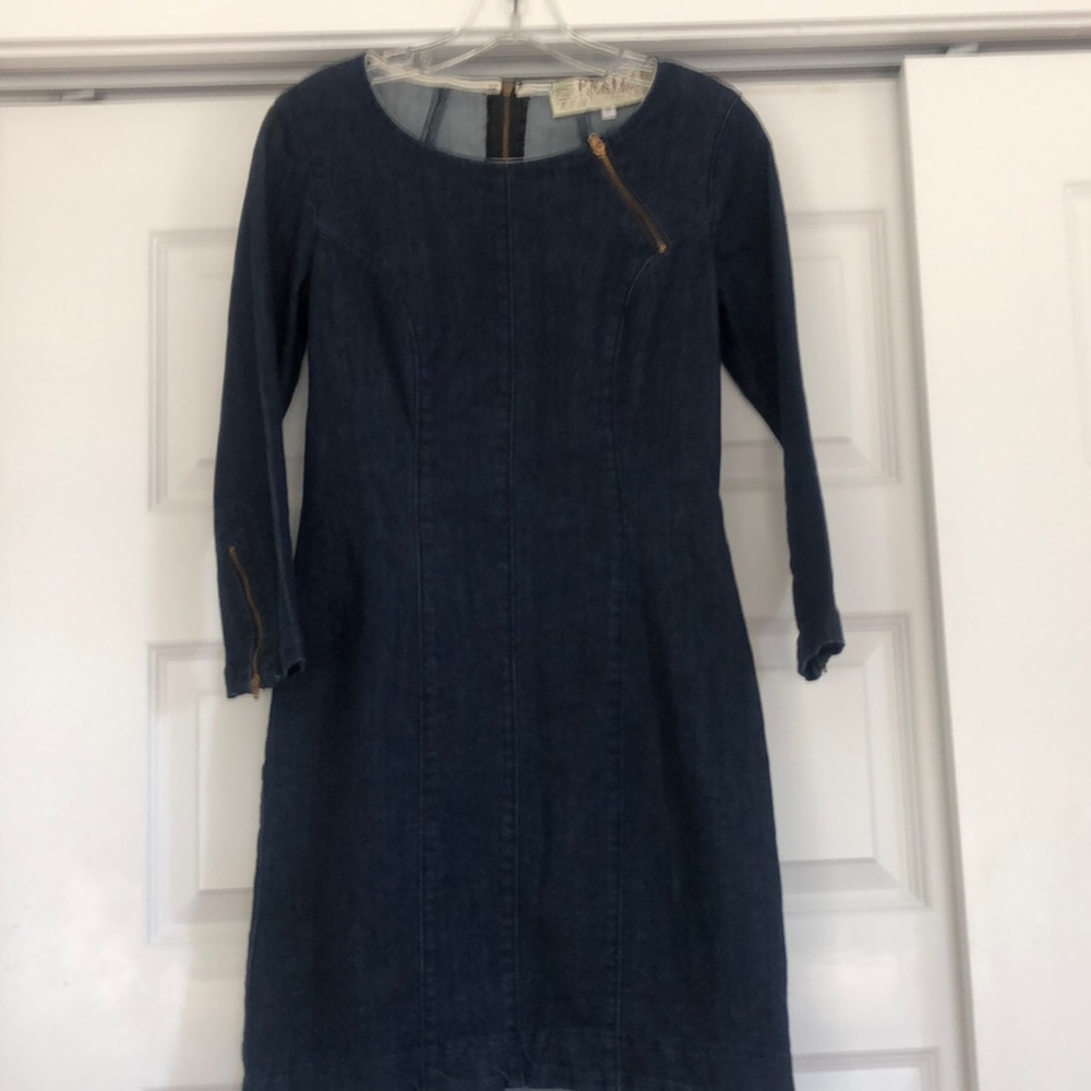Blue Jean Dress with 3/4 Sleeves and Mock Neck